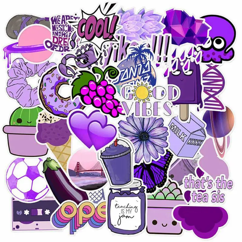 50Pcs/Set High Quality Cartoon Cute Purple Stickers Skateboard Suitcase Laptop Guitar Water Bottle Decor PVC Waterproof Stickers