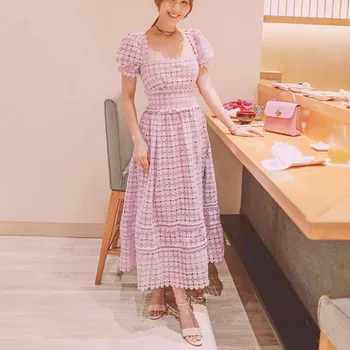 

New runway designer dress 2020 Sweet women sexy short sleeve pink Backless Tunic Long Dress Lace Party dress