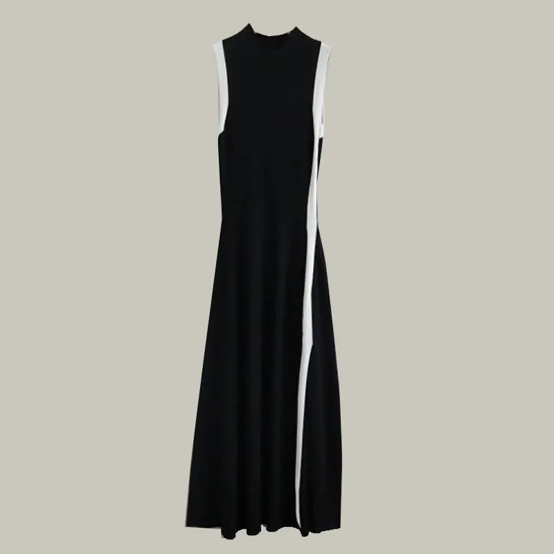 

Ozhouzhan WOMEN'S Dress Viscose Knitted Mid-length Dress Slim Fit Slimming Black And White with Pattern Slit Hemline at Hem Slee