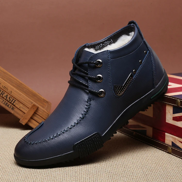 LACE-UP NAVY Зимние классические мужские кожаные ботинки на овечьем меху; нескользящая теплая обувь для отца; Роскошные Дизайнерские ботильоны с круглым носком - Цвет: LACE-UP NAVY