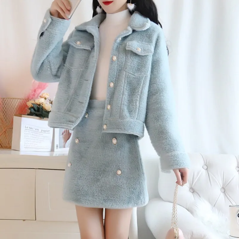 Kawaii/Женская юбка с мехом комплект из двух предметов, облегающая юбка с жемчужинами, зимняя Милая женская пушистая одежда, костюм, мини-юбка, комплекты в комплекте