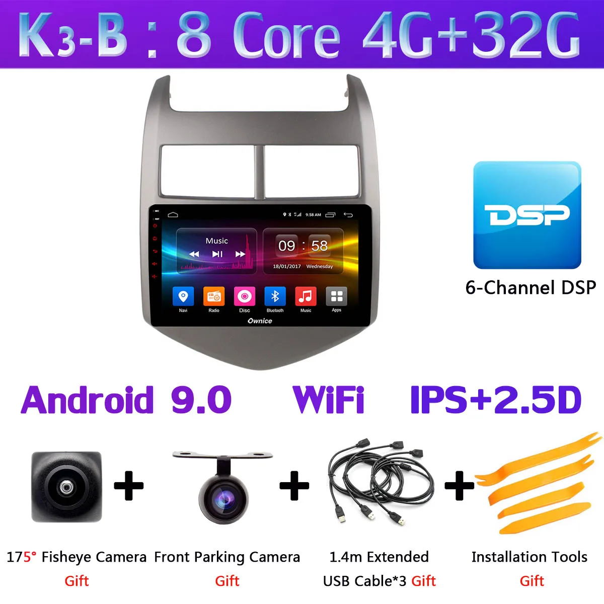 Панорамная камера на 360 °, 4G LTE, WiFi, Android 9,0, 8 ядер, 4G+ 64G, DSP CarPlay, Автомобильный плеер для Chevrolet Aveo 3 Sonic 2011-2013, gps радио - Цвет: K3-B