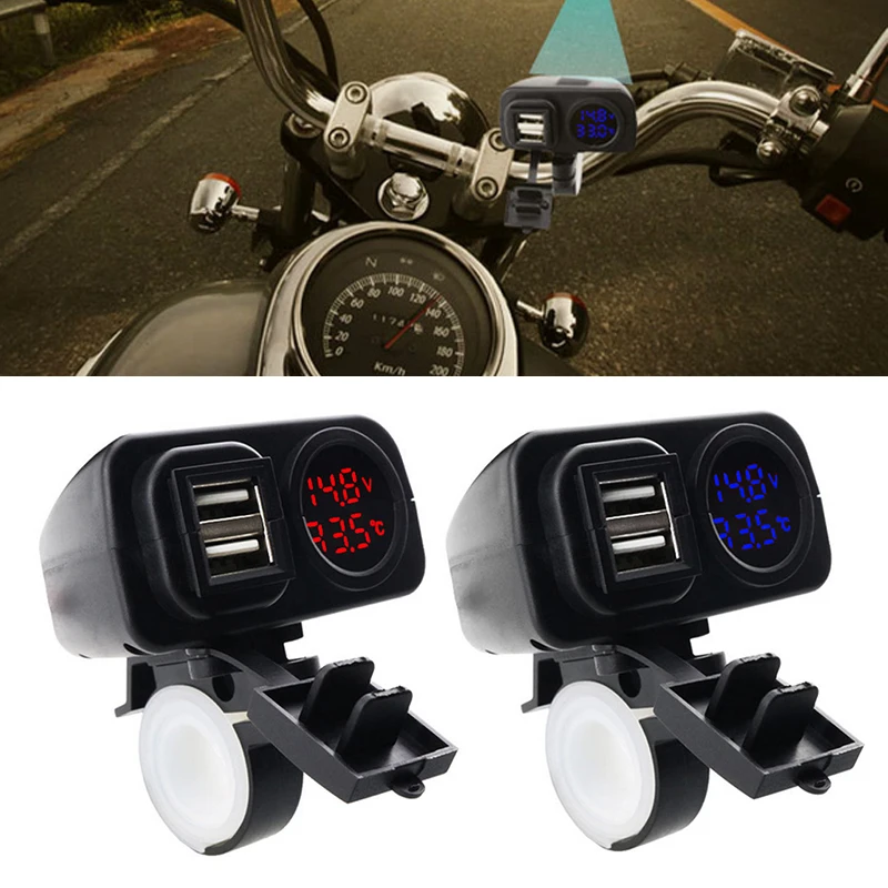 

New Arrival 1pc Motorcycle Charger Digital Temperature Display Dual USB Mobile Phone Chargers Blue/Red LED Lighting