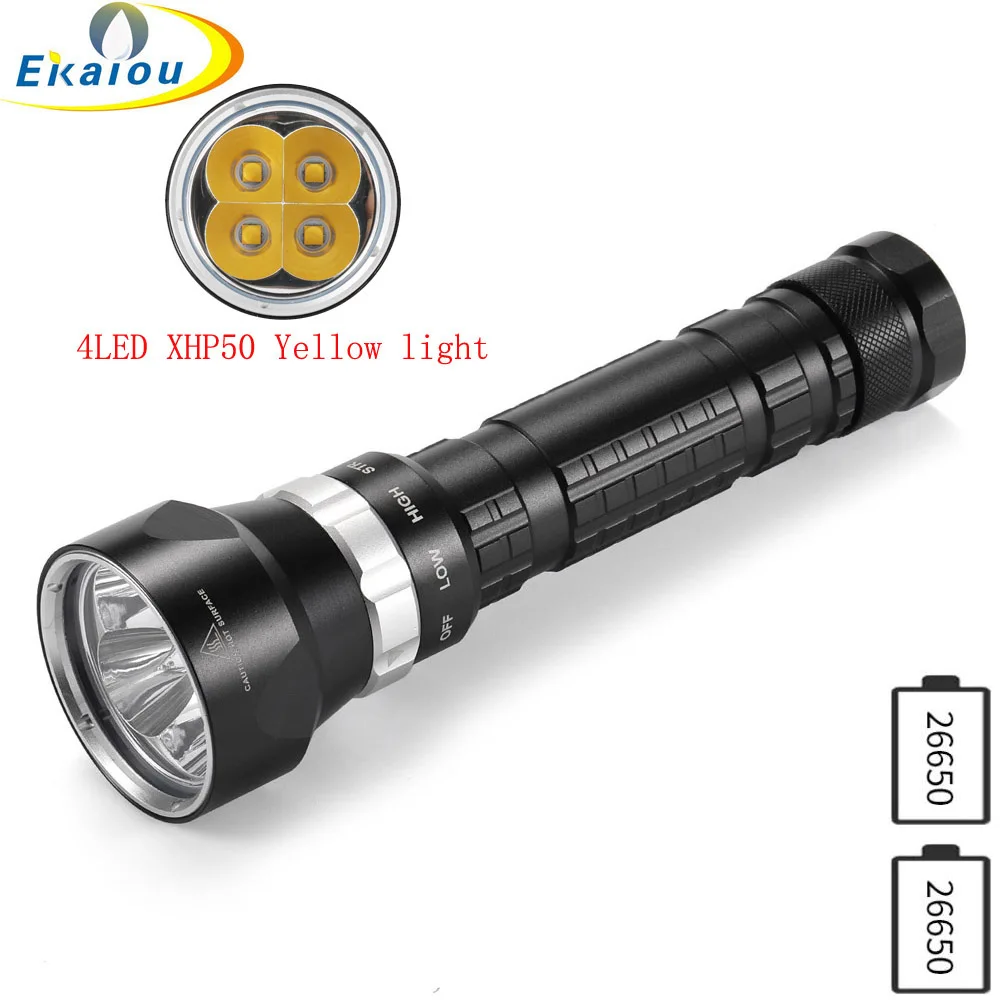 

4xXHP50 LED Yellow light Professional Diving Flashlight IPX8 High lumen Waterproof torch Underwater 100m Diving Hunt light