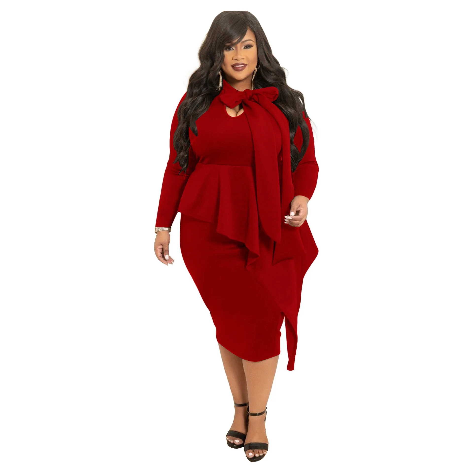 Большие размеры, стиль, африканская Женская одежда, Дашики, модный принт, эластичная ткань, длинный рукав, платье, размер XL, 2XL, 3XL, 4XL, 5XL - Цвет: Красный