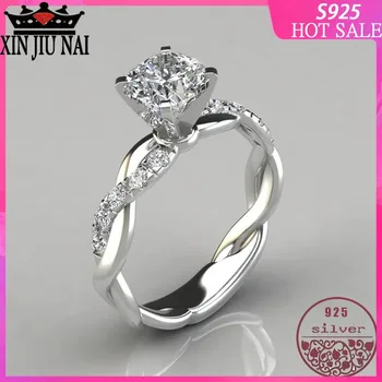 

100% S925 Sterling Silver European and American Sweet Romantic Wave Twist One Carat Diamond Ring Bright Gorgeous Jewellery