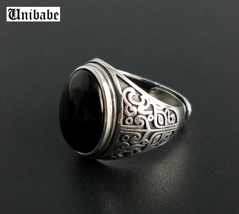 

Real 925 Silver Black Garnet S925 ring For Men Female Engraved Flower Classic Open Size ring Sterling Thai Silver Jewelry