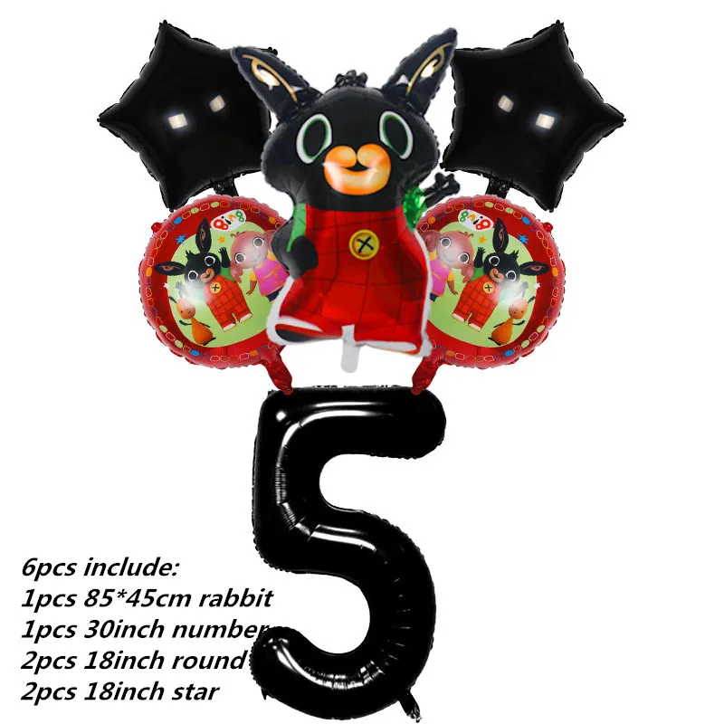 6 шт. 85*45 см Bing Bunny воздушные шары из фольги с мультяшным кроликом шары с цифрами 32 дюйма для детей 1, 2, 3, 4, 5 дней рождения декоративные принадлежности игрушки - Цвет: Black Number 5 set