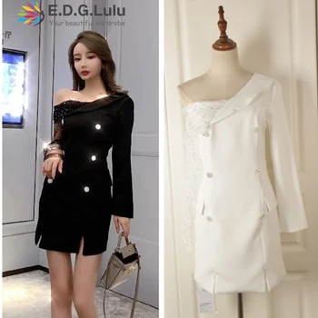 

EDGLuLu polka dot tulle patchwork long sleeves elegant black/whie office dresses for ladies autumn for woman new arrival 2019