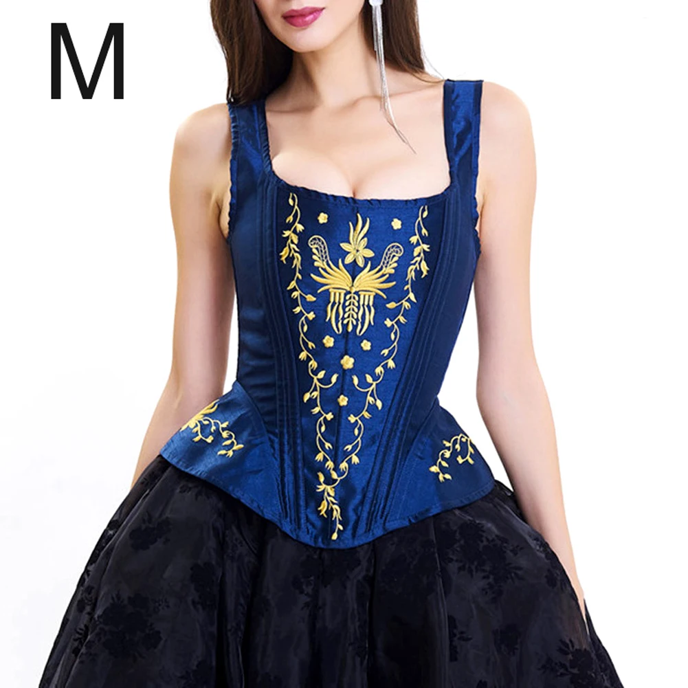 Для женщин ренессанс принцесса стальной костяной корсет, бюстье с вышивкой на груди талии формирователь для счастливые вечерние платья - Цвет: Blue Gold S