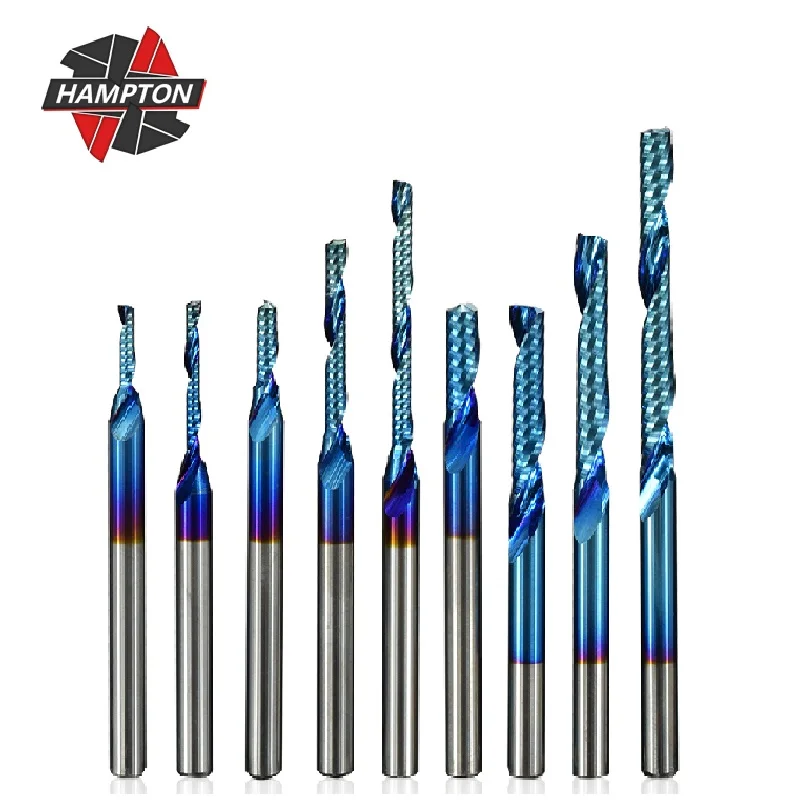 

Single Flute Spiral End Mill 3.175mm Shank Carbide Milling Cutter Nano Blue Coated CNC Router Bits for Aluminum Cutting