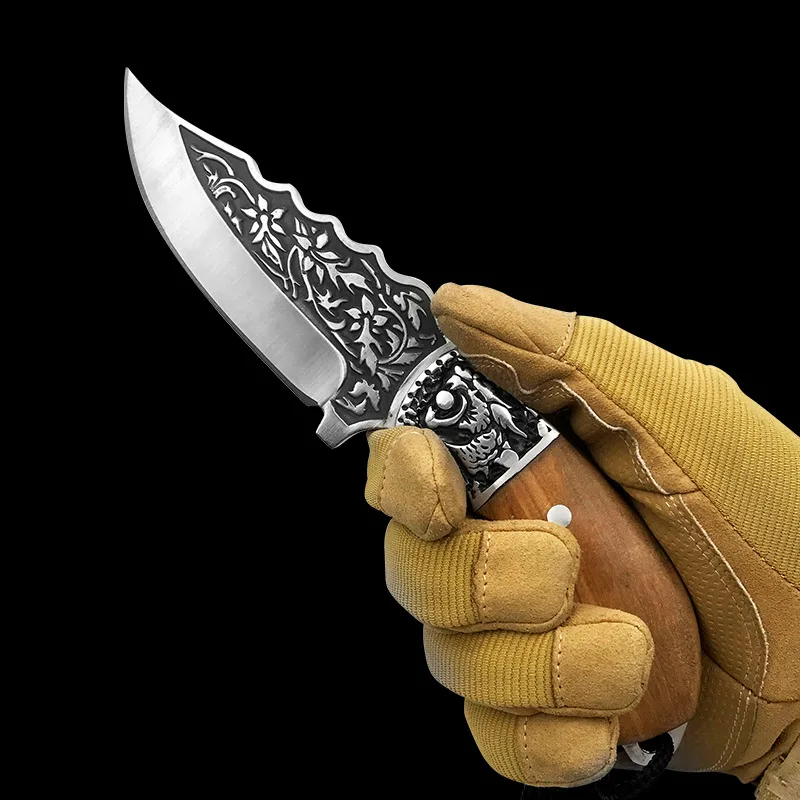 Promotion Small Fixed Blade Hunting Knife 440C Satin Blade Full Tang Wood Handle Straight Knives With Leather Sheath Gift knife