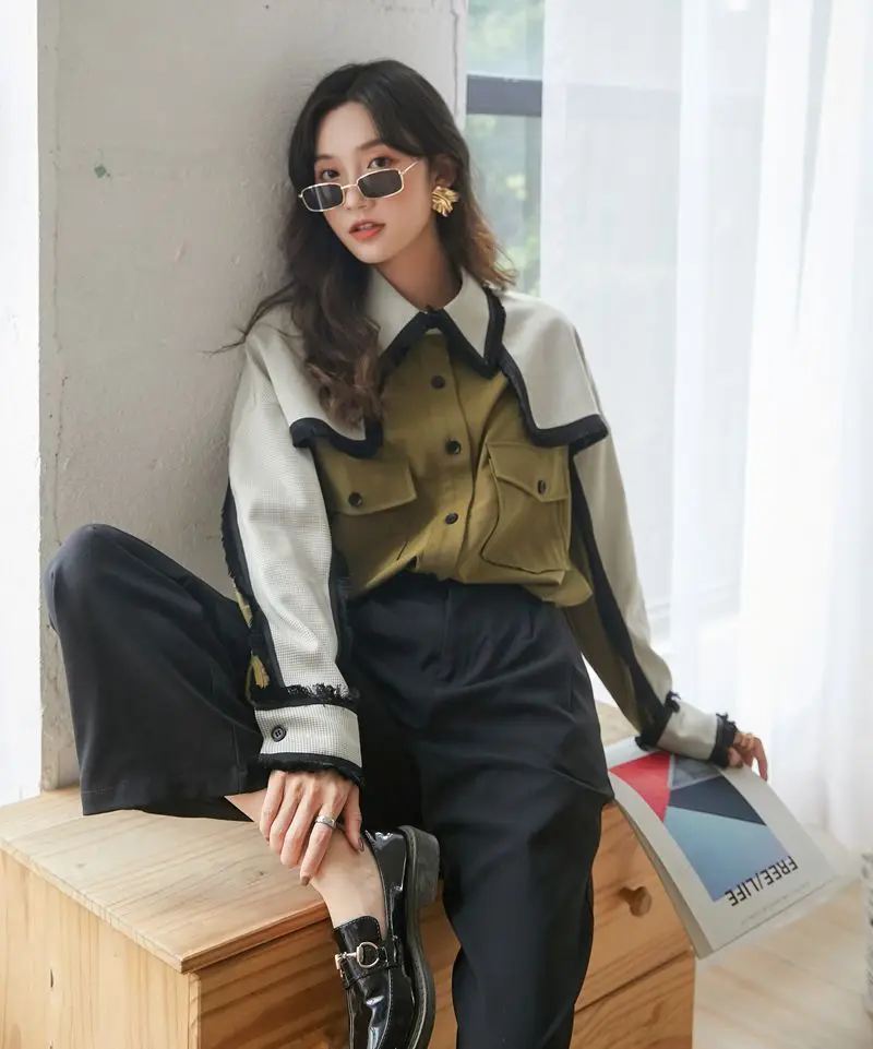 

2020 Loose Double Pockets Shirt Chic Fashion Panelled Patchwork Women Blouse Autumn Turn-down Collar Femme Blusas