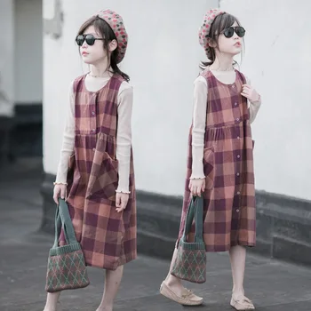 

2020 Winter Dress Vintage Plaid Overalls Long Dress Fashion Girls Dress for Autumn Girls Clothes Sets 2 Pieces Shirt+Dress