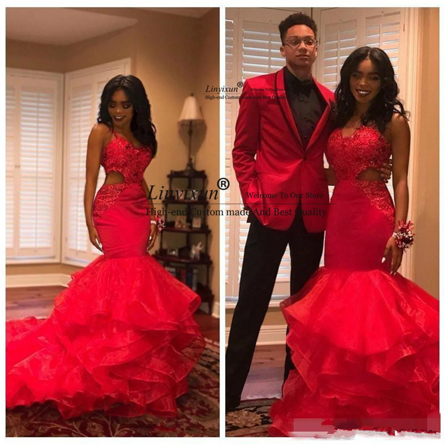 Red Mermaid Prom Dresses 2022 Spaghetti Strap Sweetheart Appliques Evening Party Gowns Sleeveless Court Train robes de soirée long prom dresses