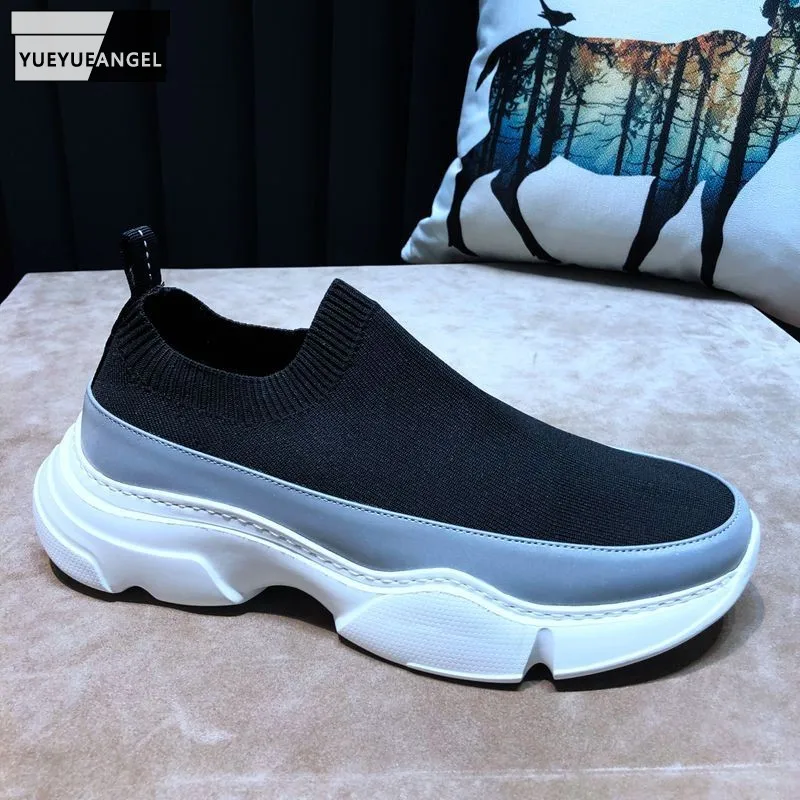 

Fashion Mens Summer Thick Platform Breathable Mesh Casual Shoes Reflective Slip On Loafers Light Weight Outside Joggers Sneakers