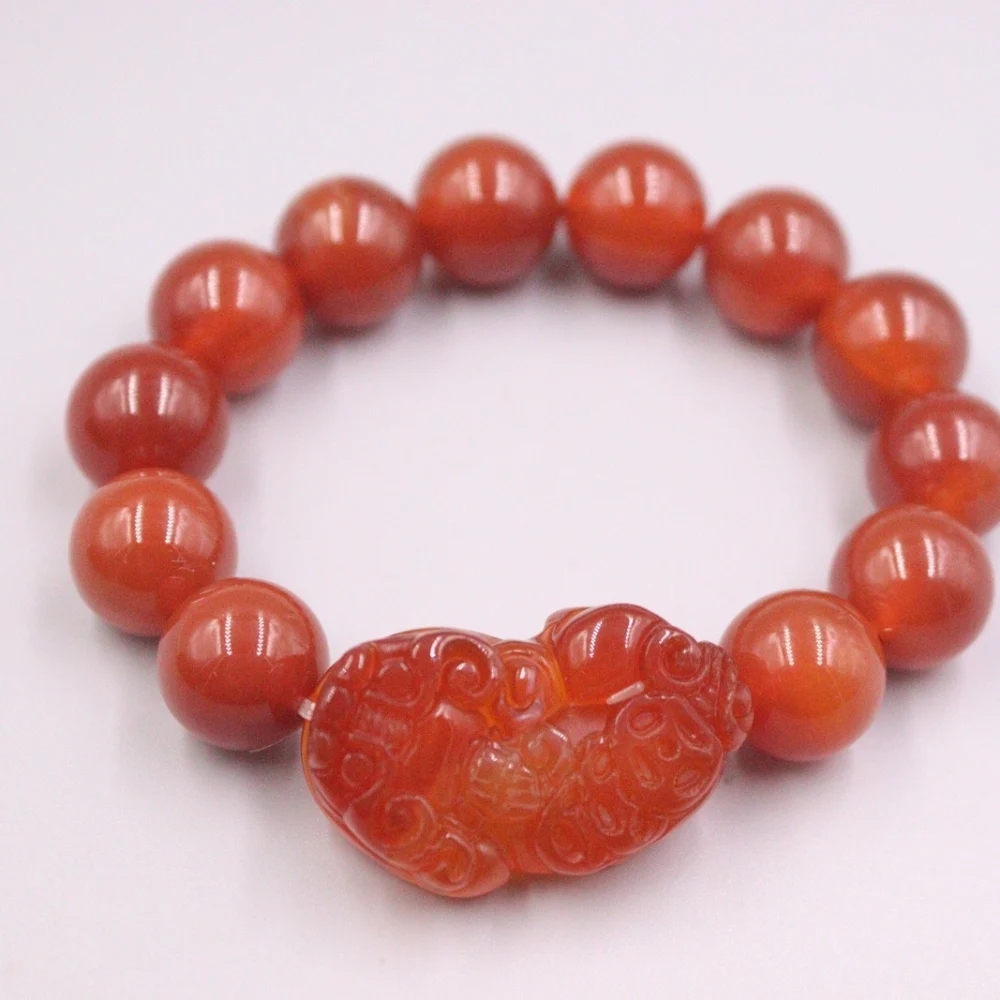 

Grade A Red Agate Bracelet Width 14mm Pixiu And Round Bead Link Chain Diameter 55-60mm For Woman Man