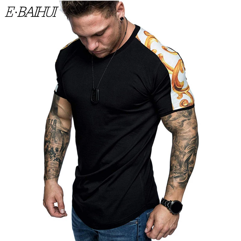 

E-BAIHUI Casual Loose Men's T-shirt Digital Print Short Sleeve Top Slim Color Block Round Neck Short Sleeve Tee