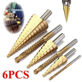

6pcs Titanium Coated Step Drill Bits Set 4-32mm HSS Drill Bit With Hole Grooving Drill Saw Carpenter Woodworking Tools