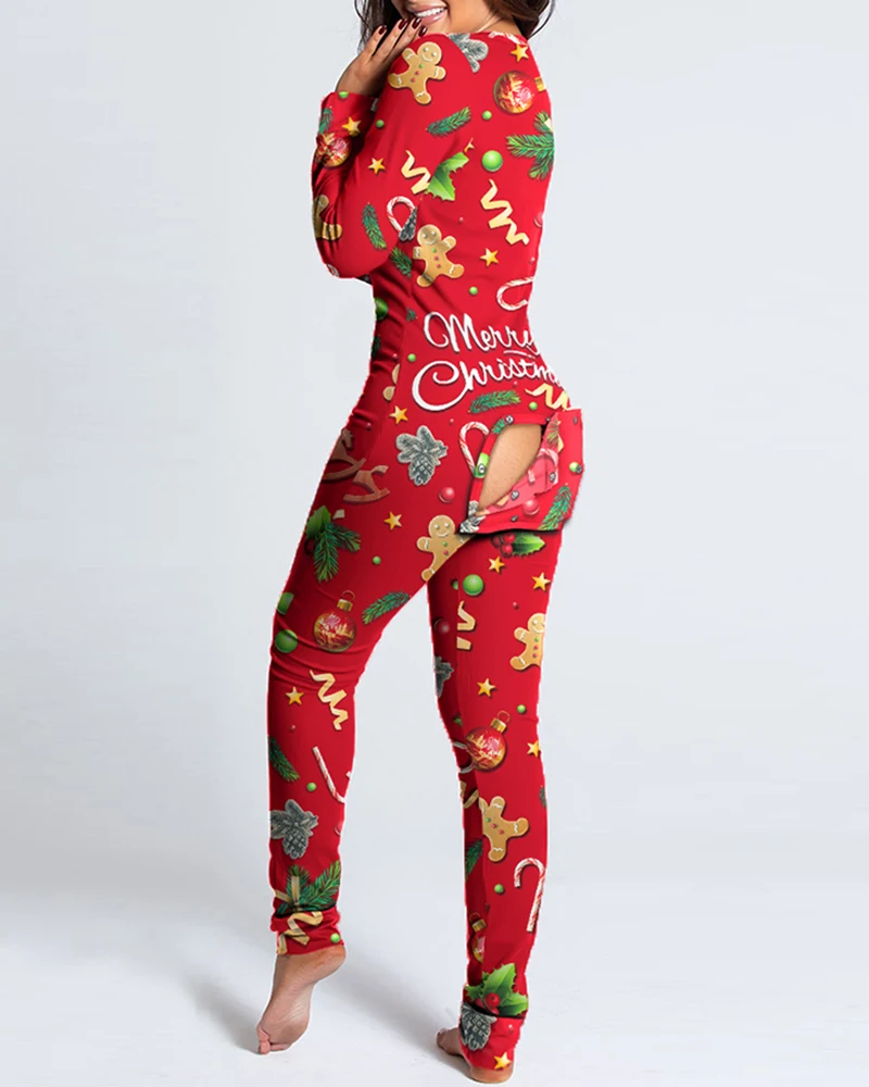 

2021 New Year Christmas Functional Buttoned Flap Cartoon Printed Adults Pajamas Suit Women's Sleepwear Detachable Jumpsuits