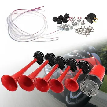 

Loud Air Horn Car Truck Red 5 Trumpets Kit 125dB Metal Plating Compressor