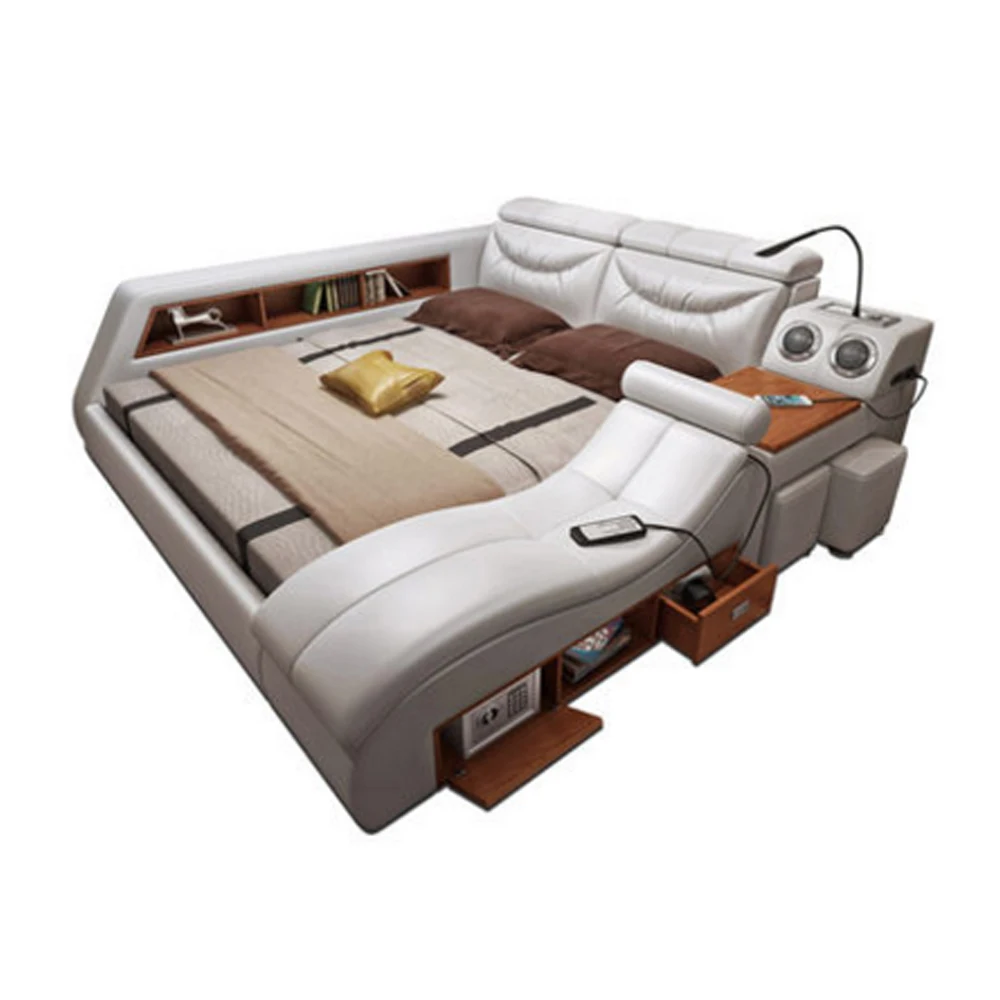  Genuine leather bed frame Soft Beds massager storage safe speaker LED light Bedroom cama muebles de