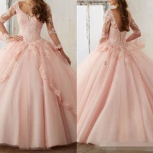 Розовые повязки на голову с Quinceanera платья Hot9 кружевное платье с v-образным вырезом и длинным рукавом платье для бала-маскарада сладкий 16 для принцессы со стразами для торжеств, платье для выпускного вечера для девочек