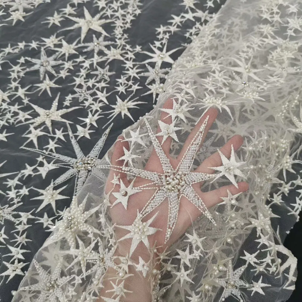 1PC French starfish Handmade Sewing beads Lace Fabric Embroidered Wedding dress Net fabric Fashion Evening Dresses Cloth Tissus