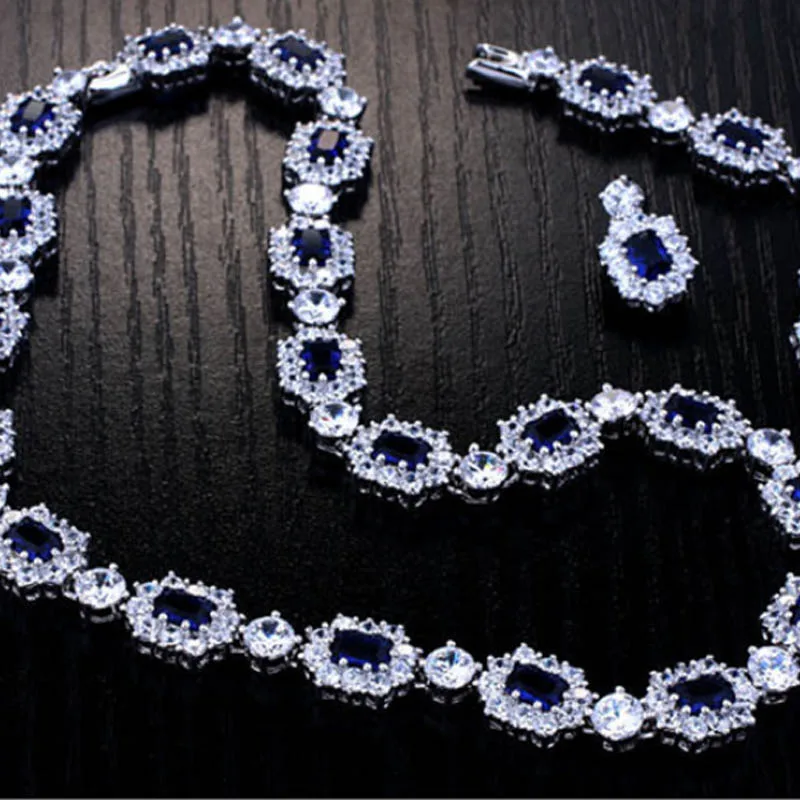Dazz Classic Square Zircon Champagne Gold Necklace Earrings Ladies Banquet Collar Jewelry Bride Wedding Luxury Accessories Gifts - Окраска металла: blue