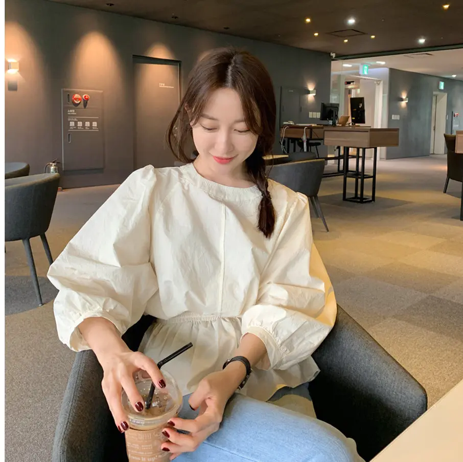 

Рубашка женская в винтажном стиле, однотонная хлопковая блузка в стиле оверсайз, с длинным рукавом, для девочек, осень