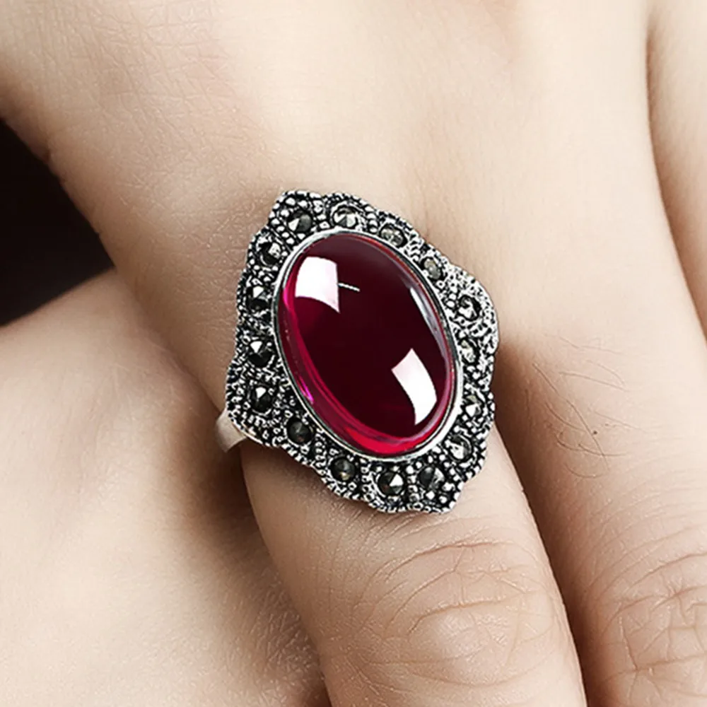 Big gemstone green jade&red onyx rings for women vintage emerald&ruby stone Thai sterling silver elegant jewelry antique gift