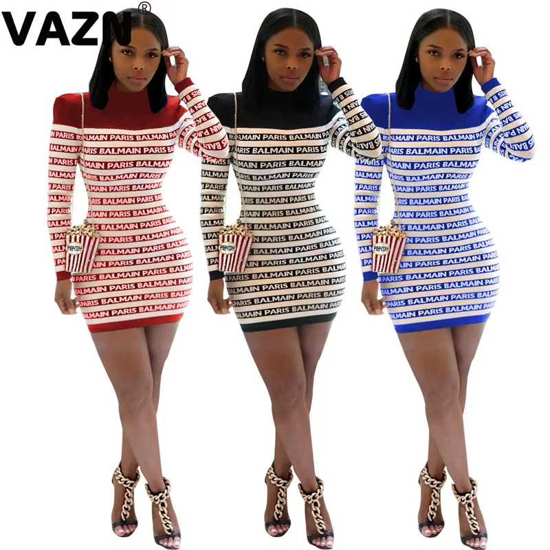 VAZN W-8233, шикарный дизайн, осень, сексуальное женское мини платье, 3 цвета, водолазка, длинный рукав, БУКВЕННОЕ платье, женское уличное платье