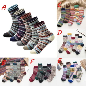 

5 Pairs Ethnic Style Warm Color Cashmere Socks Womens Vintage Winter Geometry Print Soft Warm Thick Cold Knit Wool Crew Socks