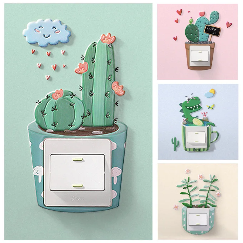 3D Cactus Fluorescent Wall Sticker on-off Protective Cover Outlet Luminous Light Switch Stickers Home Room Cartoon Decorations | Дом и сад