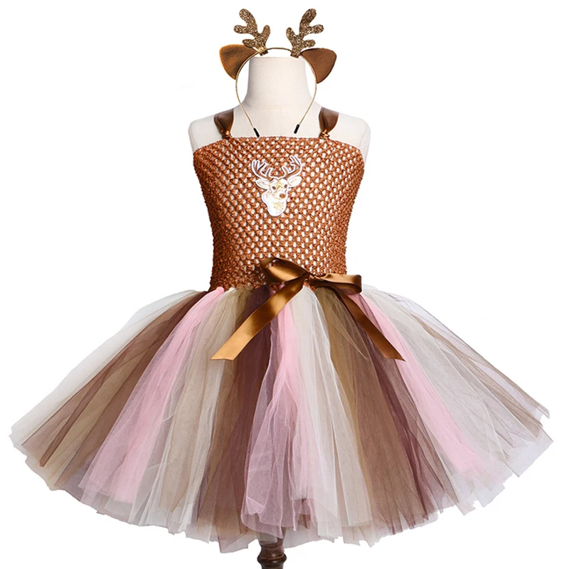 Коричневое платье-пачка с оленем детское платье на Рождество и день рождения для девочек Детский костюм на Хэллоуин с милым животным оленем для девочек возрастом от 2 до 12 лет