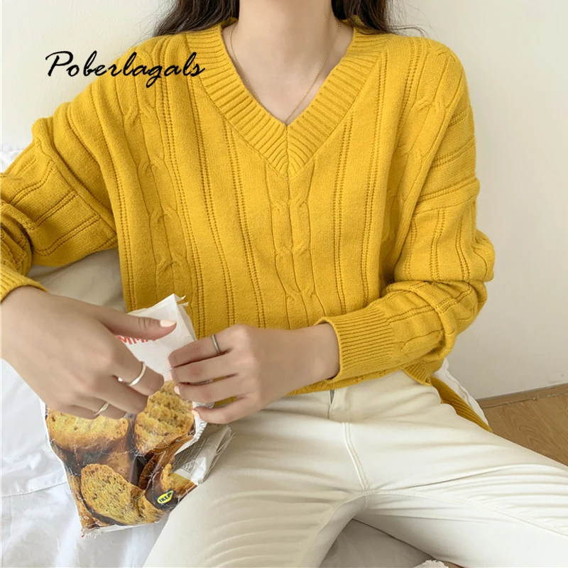 Осень вязанный желтый витой женский свитер-пуловер зима 2019 корейский v-образный