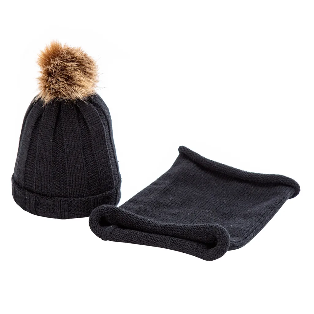 Помпон, полосатая плетеная шапка для девочек, унисекс, 2 предмета, Детская вязаная женская шапка, сохраняющая тепло, наушники, шейный платок, зимняя шапка