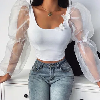 

Long Sleeve Women Blouse 2020 Summer Fashion Mesh See-Through Butterfly Patchwork Sexy Short Female Tops Party Club Shirts