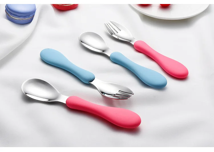 CHILDREN'S Tableware Set 304 Stainless Steel Spoon Fork Portable Cute Faux Silica Gel Handfeel Baby Forks And Spoons Ceremony