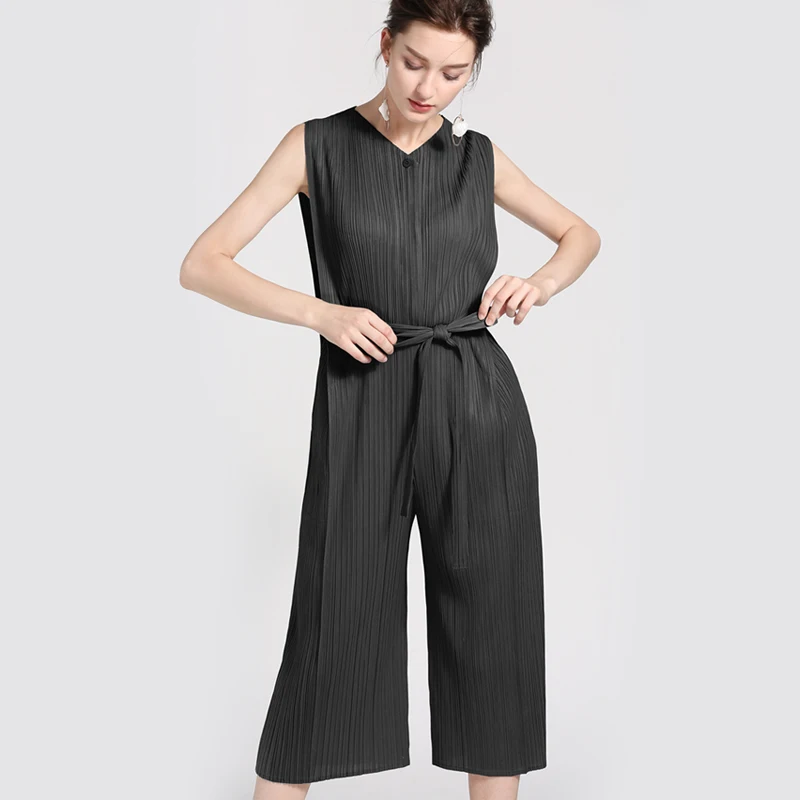 2020 Summer overalls Miyake New high waist tie pleated jumpsuit black sleeveless was thin wide leg Elegant jumpsuit for women