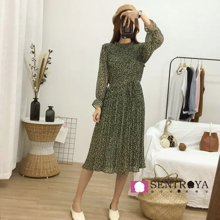 Осеннее шифоновое платье в Корейском стиле со стоячим воротником, с цветочным рисунком, с длинным рукавом, Женская плиссированная юбка, большой размер, для похудения, средняя длина