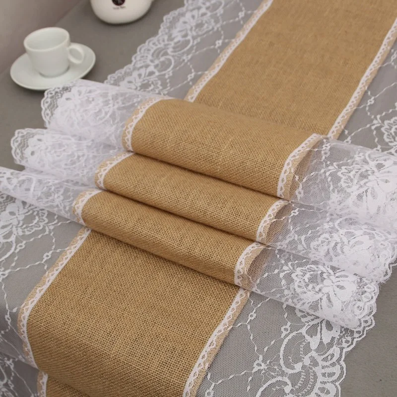 

30*275cm Burlap Table Runner with Lace Rustic Natural Jute Hessian Table Cloth for Christmas Wedding Party Decoration
