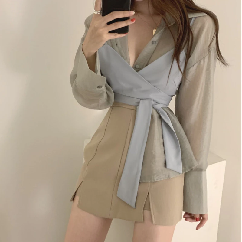 Модная женская блузка, Twotwinstyle, желтая, с длинным рукавом, прозрачная, сексуальная, с повязкой, без бретелек, Корейская, для девушек