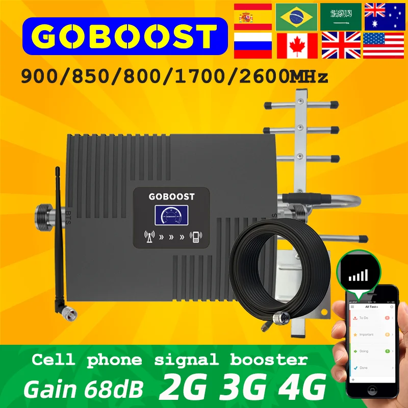 

Усилитель сигнала Интернета GOBOOST, 68 дБ, 2G, 3G, 4G, усилитель сотовой связи, 1800, 2100, 900, 850, 2600, 800 МГц, комплект антенн для ретранслятора сотового телефона