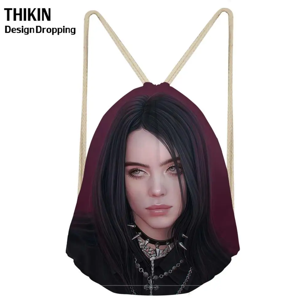 THIKIN Billie Eilish модные женские сумки на шнурках в стиле хип-хоп для девочек, рюкзак на шнурках, Детский рюкзак со шнурком дорожный мешочек для хранения