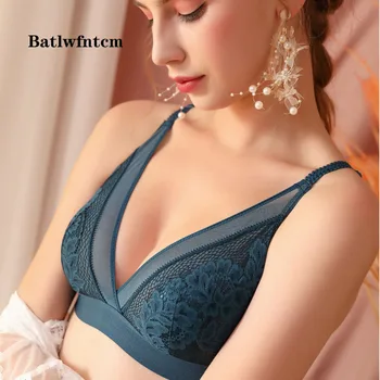 

New French Deep V Bra Thin Sexy Hollow Gathered Lace Bra Crystal Cup Rimless Underwear Women