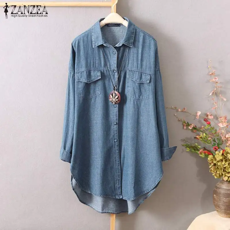 

2019 ZANZEA Fashion Denim Blue Shirts Women's Autumn BlouseLong Sleeve Jean Work Blusas Female Lapel Button Top Plus Size Tunic