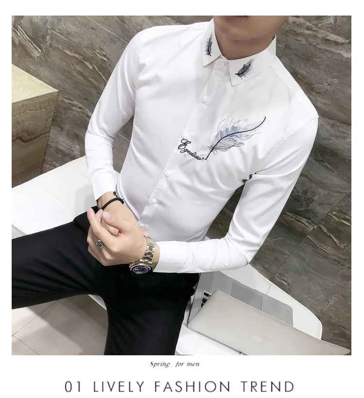 Модные мужские вечерние рубашки, мужские рубашки с длинным рукавом Camisa Social Masculina, мужские черные белые Клубные рубашки с вышивкой