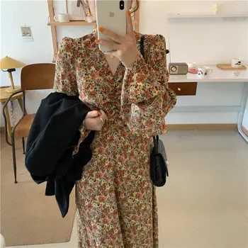 

Alien Kitty New V-neck Fairy Print Flowers Feminine Chic 2020 Flare Sleeves Women OL All Match Elegance Floral Basic Long Dress