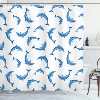 

Sea Animals Shower Curtain, Pattern with Dolphins Illustration Ornamental Nature Under The Sea Wildlife, Cloth Fabric Bathroom